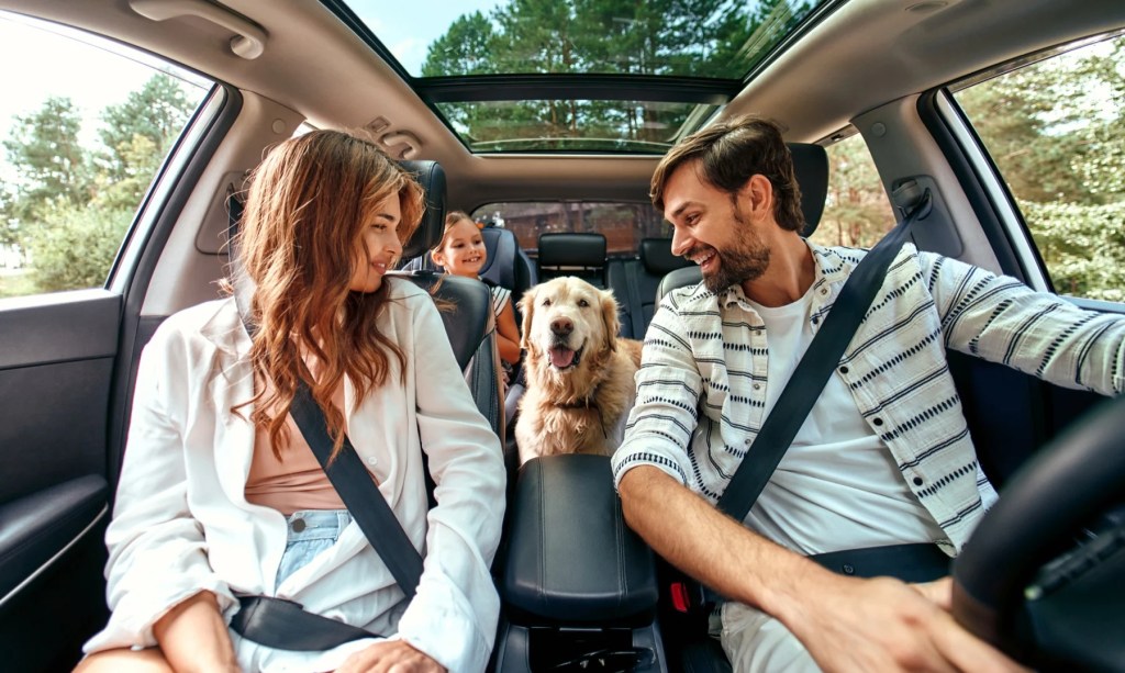 Family and a golden retriever inside a car, man driving and woman smiling